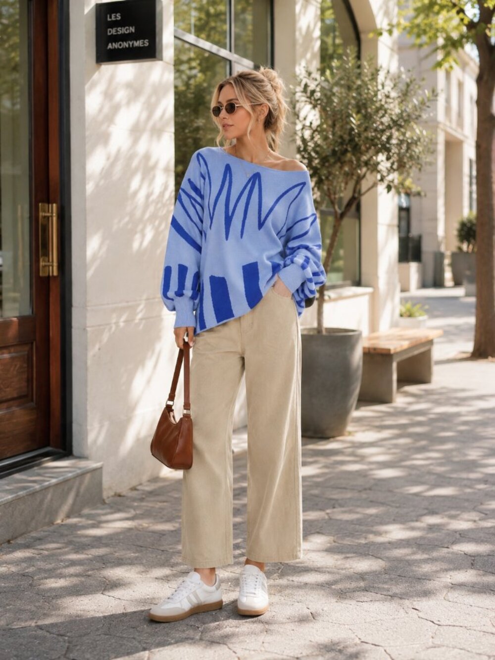 Miss Sparkling Blue Abstract Batwing Sleeve Knit Sweater Artsy Fall Pullover